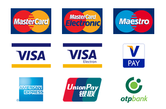 MasterCard, Maestro, VISA, American Express, Union Pay és OTP emblémával ellátott bankkártyák